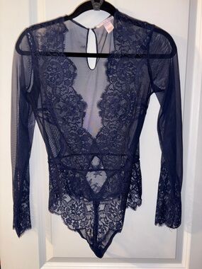 Victoria's Secret Navy Blue Lace Long-Sleeve Bodysuit M